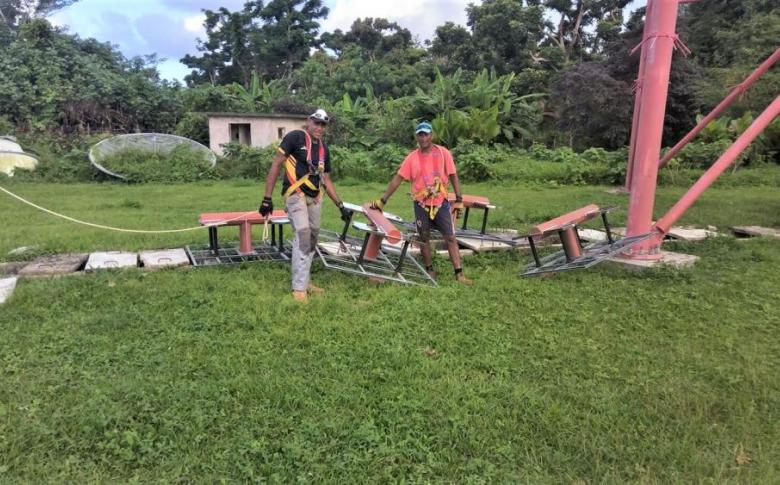 Vanuatu Broadcasting and Television Corporation (VBTC) install telecommunications equipment in Santo to restore radio broadcast services severely impacted by Cyclone Harold. Photo: VBTC