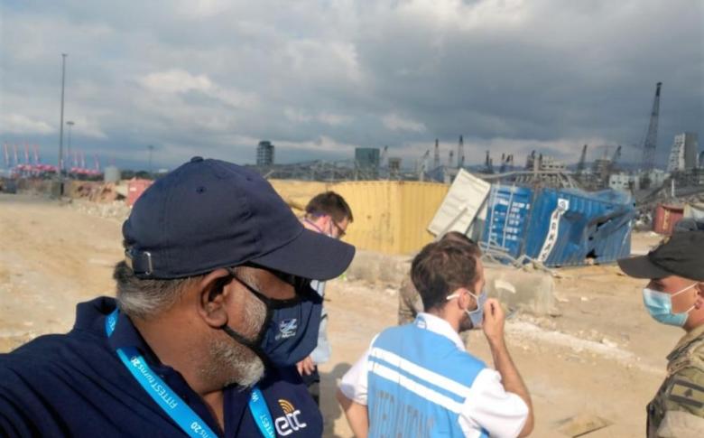 The ETS in Lebanon joins an UNDAC inter-agency assessment mission at the explosions site in the Port of Beirut on 11 August Photo: Prakash Muniandy/ETS